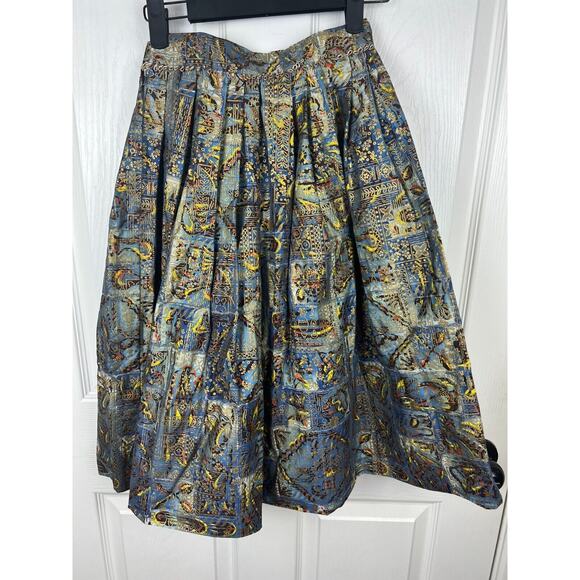 Vintage Doris Dodson Size 7 - 23 1/2 Blue Gold A Line Poplin Metallic Boho Skirt - Picture 9 of 9